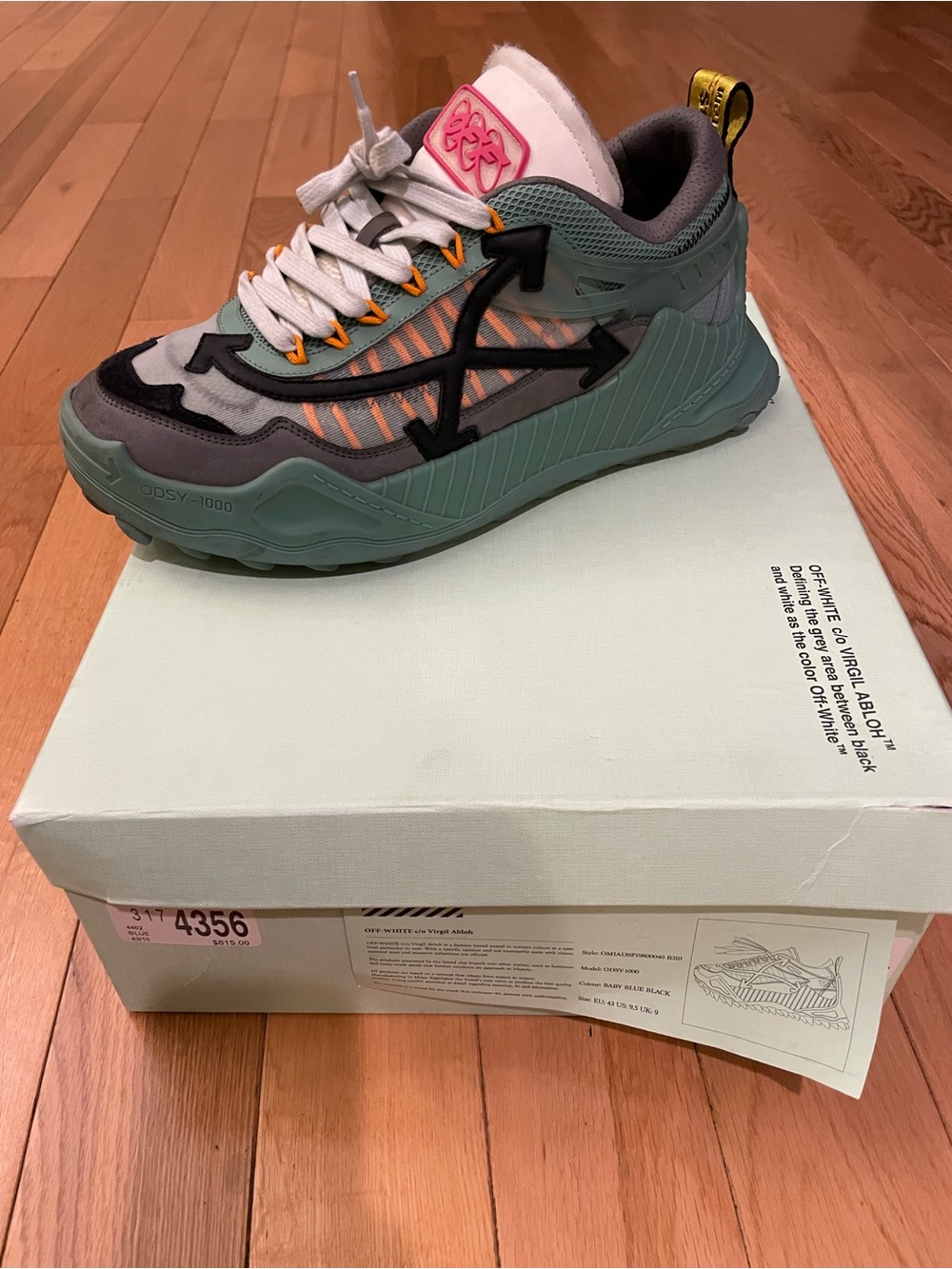 Off-White Men's Green and Gray Trail Runner Sneaker with Pink Tongue Accent